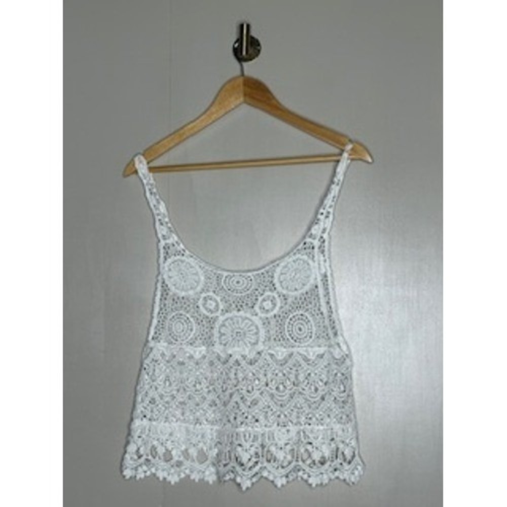 BD Design White Crochet Lace Tank Top Boho Festival Cotton Scoop Neck Sleeveless